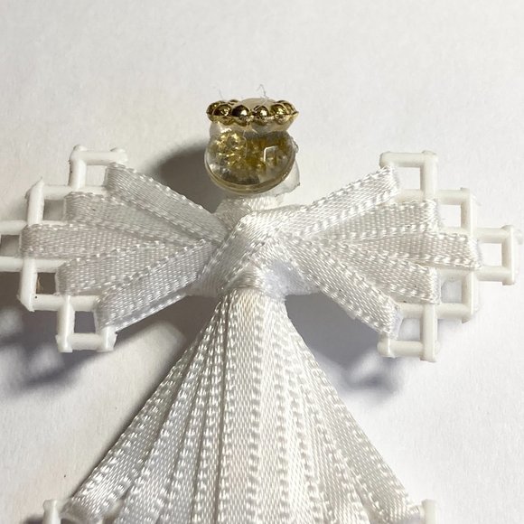 Vintage Christmas Angel Pin Brooch White Ribbon Handmade Halo Wings - Picture 7 of 9